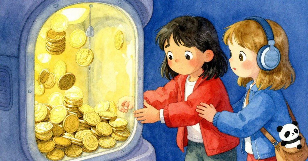 佩特拉與蓋瑪共同操縱卡住的硬幣，手部細節特寫展現專注與合作，解決轉機瞬間充滿希望。