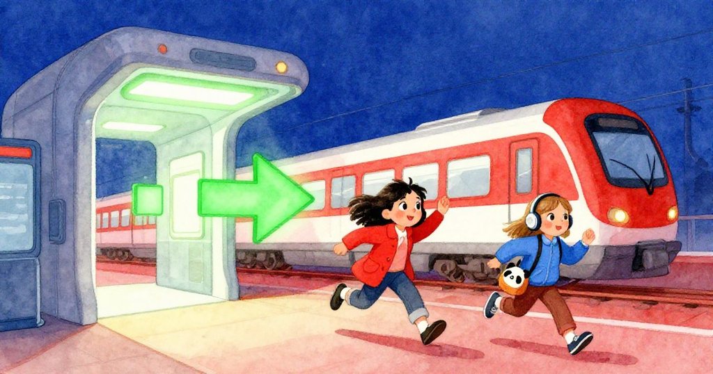 佩特拉與蓋瑪在綠色閘門亮起時全力奔跑，車站背景現代寬廣，緊張與勝利交織的精彩瞬間。