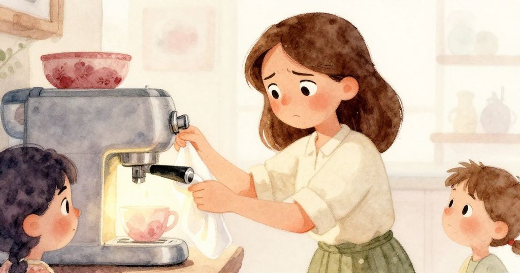 帕洛瑪近拍調整茶巾,表情堅定略帶憂慮,背景展現柔和粉玫瑰與奶油色調辦公角落。