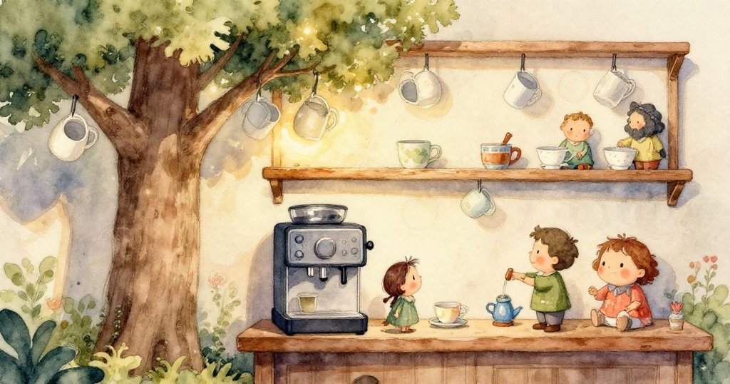 咖啡機特寫展現斑駁痕跡及淺水箱,杯子正安靜等待,環境細節呈塵藍與古金色光影。