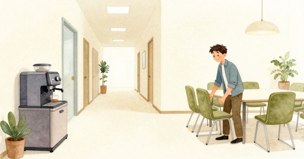 辦公室走廊中,費力斯整理椅子,咖啡機輕吐蒸氣,光影柔和呈現奶油與橄欖色調,氣氛寧靜。