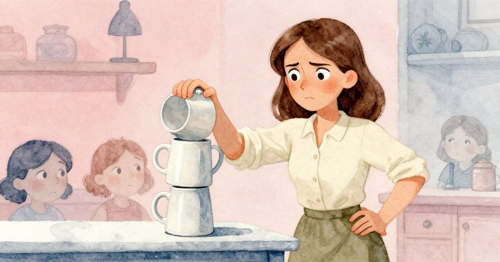 帕洛瑪在辦公桌前輕疊杯子,動作細緻由緊張轉為鎮定,背景呈現粉玫瑰與塵藍色調。