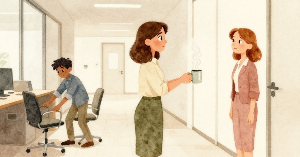 帕洛瑪手捧冒熱氣杯子走向阿黛爾,費力斯整理椅子,辦公室走廊散發溫暖和解氣氛。