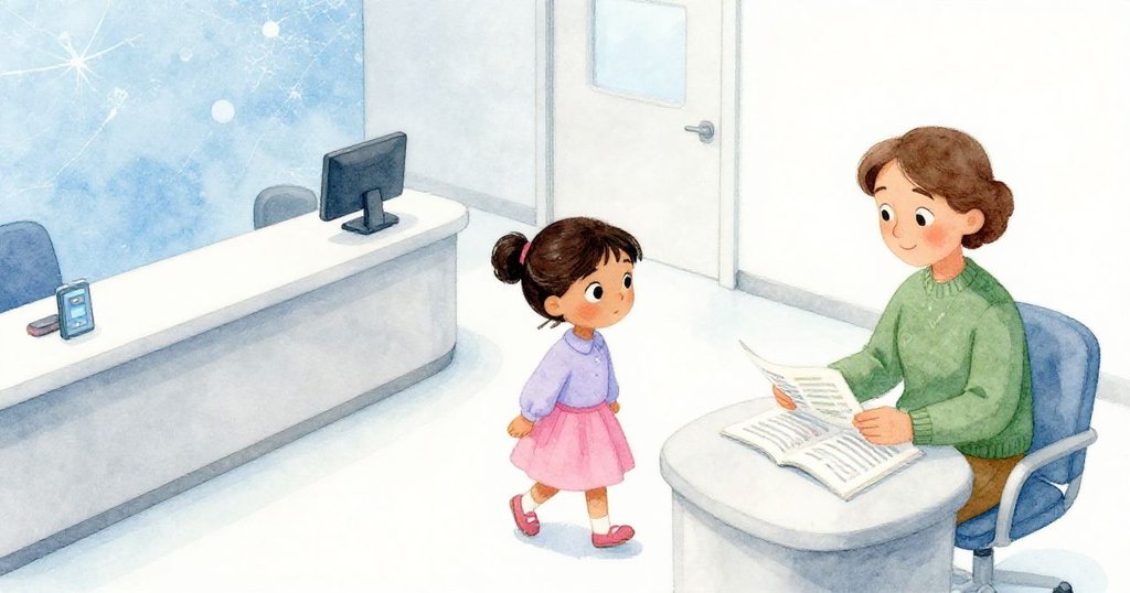 Inez 與父親走進現代診所接待區,俯瞰桌上剪貼板與數位螢幕,燈光柔和充滿期待與專注情緒。