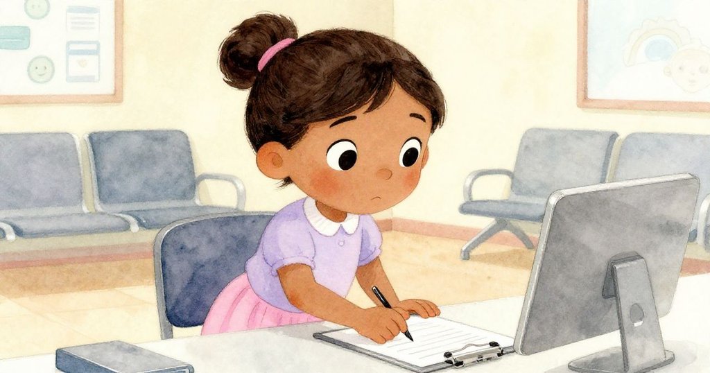 Inez 在簽表時眉頭微蹙,專注地操作剪貼板,溫暖燈光映出她堅定與輕微挫折的表情。