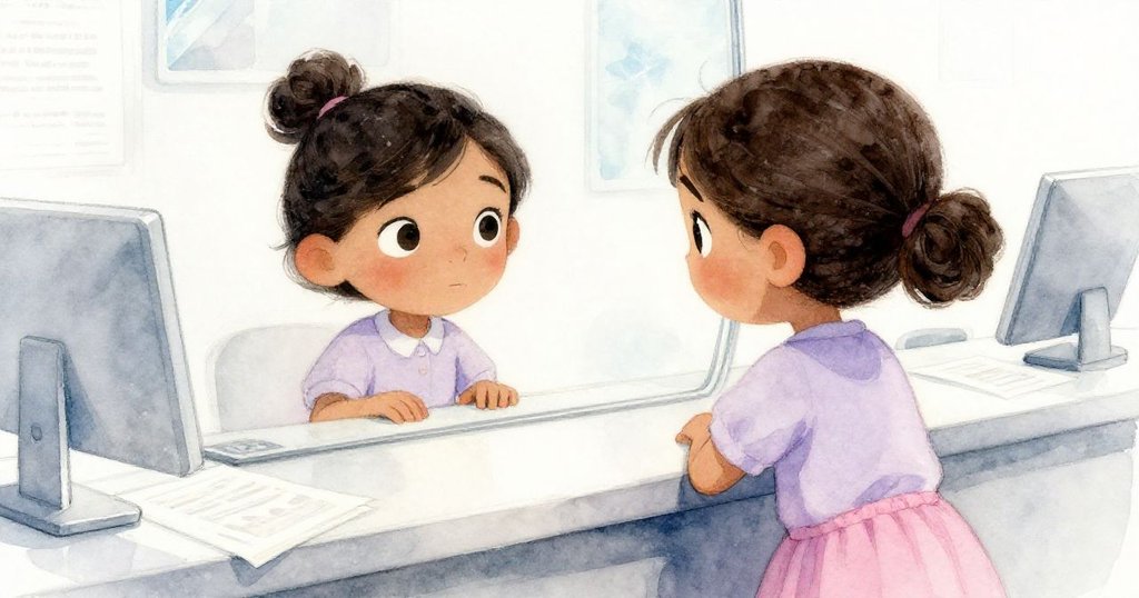 Inez 靜止片刻,面部與散落文件在光亮櫃面中相映,數位螢幕輕照出她的專注與思考情緒。