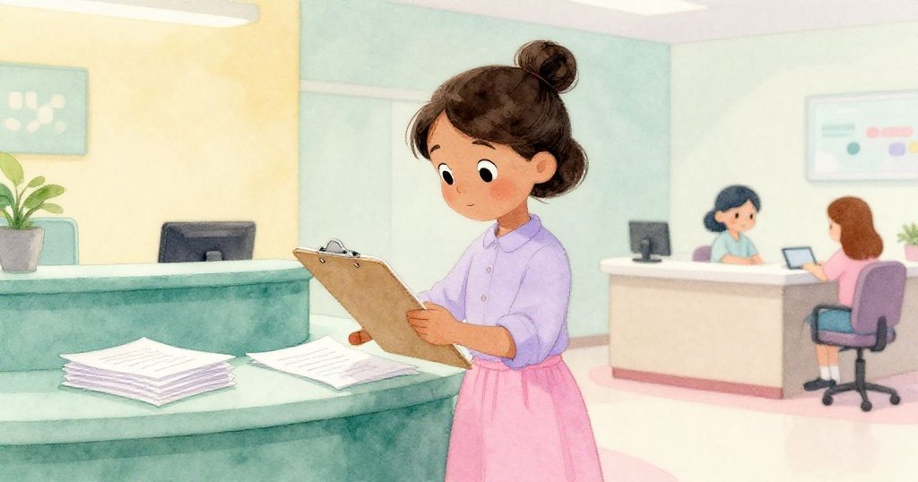 Inez 在光線由冷轉暖的接待區中鎮定整理文件,充滿自信地將剪貼板交給櫃檯,展現從起伏到平靜的過程。