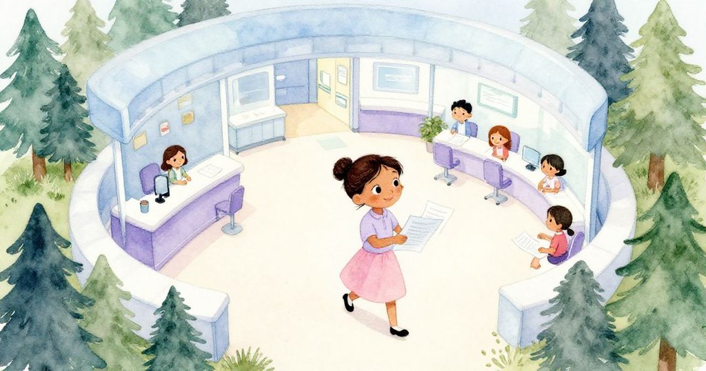 Inez 帶著滿足微笑從逐漸平靜的接待區離開,整齊文件與悄然歸序的桌面呼應初始全景場景,展現解脫與圓滿。