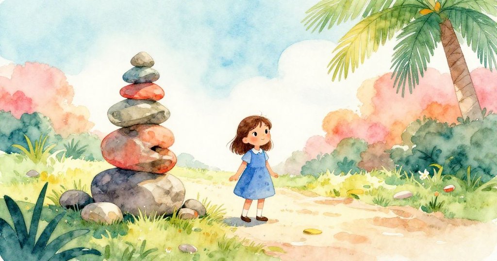 Viola站在陽光普照的小徑上，輕觸石堆中的一塊石頭，安靜中流露出期待與細膩觀察。