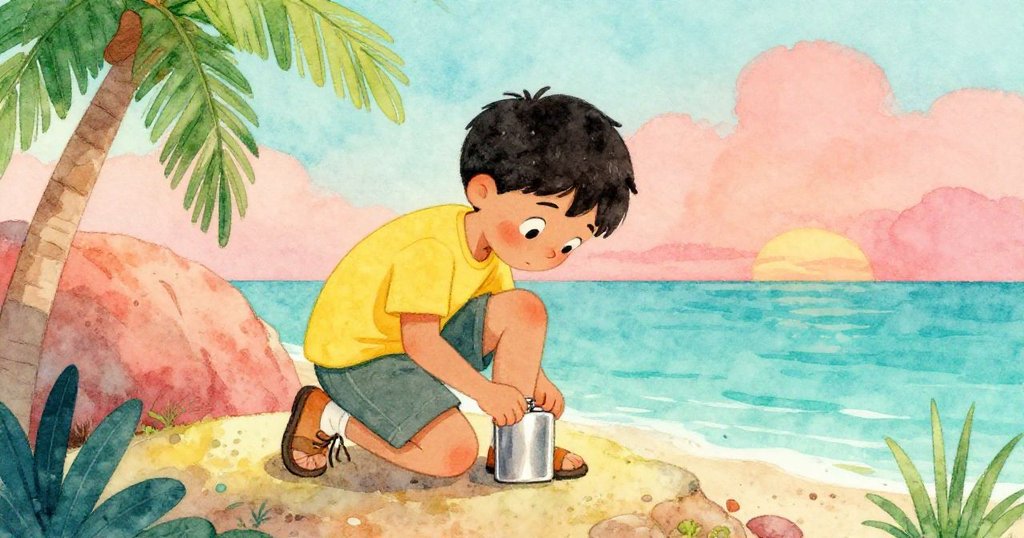 Trent在明亮的岩石上跪著調整鞋帶，旁邊金屬水壺閃耀，表情專注且充滿好奇。