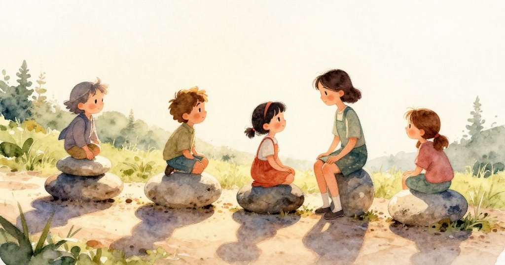 Viola從特寫視角輕捏石頭，感受重量與雨後潮濕痕跡，展現探索細膩與自然觀察的神情。