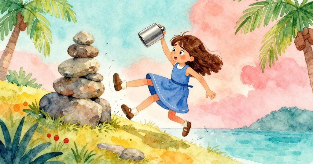 Viola面露堅定，迅速將滾動金屬瓶推向上坡，用水壺支撐石堆，在明亮午後光影中展現緊張動作。