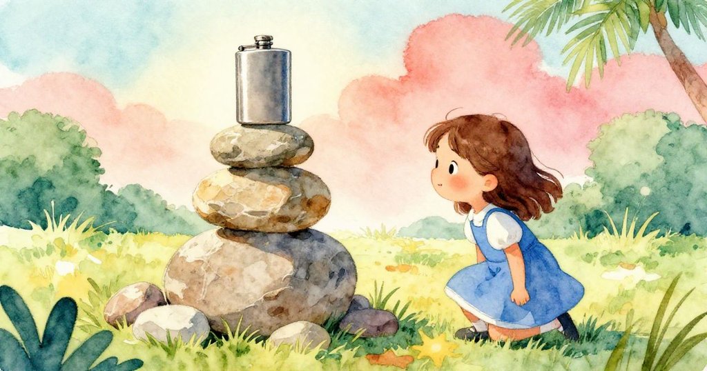 Viola在夕陽下遠望穩固的石堆，附加石塊與水壺穩住結構，展現解決後的寧靜與滿足。