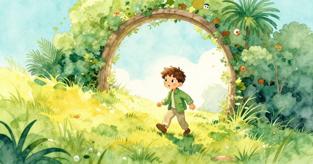 克萊德踏入山坡入口,露珠閃爍的草地猶如門戶展現新冒險,臉上充滿期待與好奇。