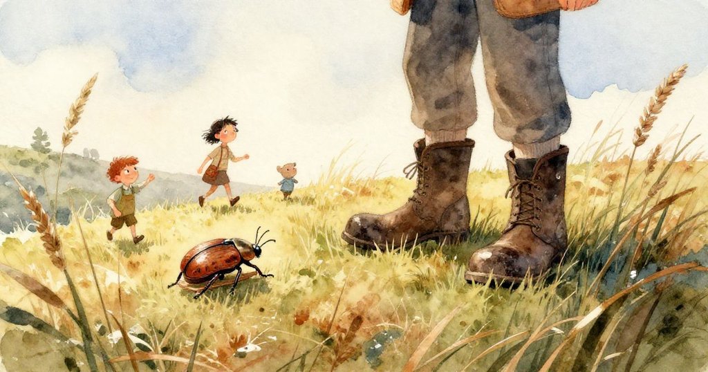 克萊德小手輕捧銅色甲蟲珠子,細膩紋理映襯出風箏線上的神奇發現,充滿溫柔感動。