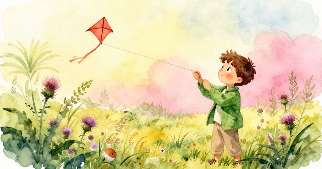 克萊德在層次分明的田野中調整風箏線,前景刺毛叢生,背景紅風箏翱翔,展現專注與冒險。