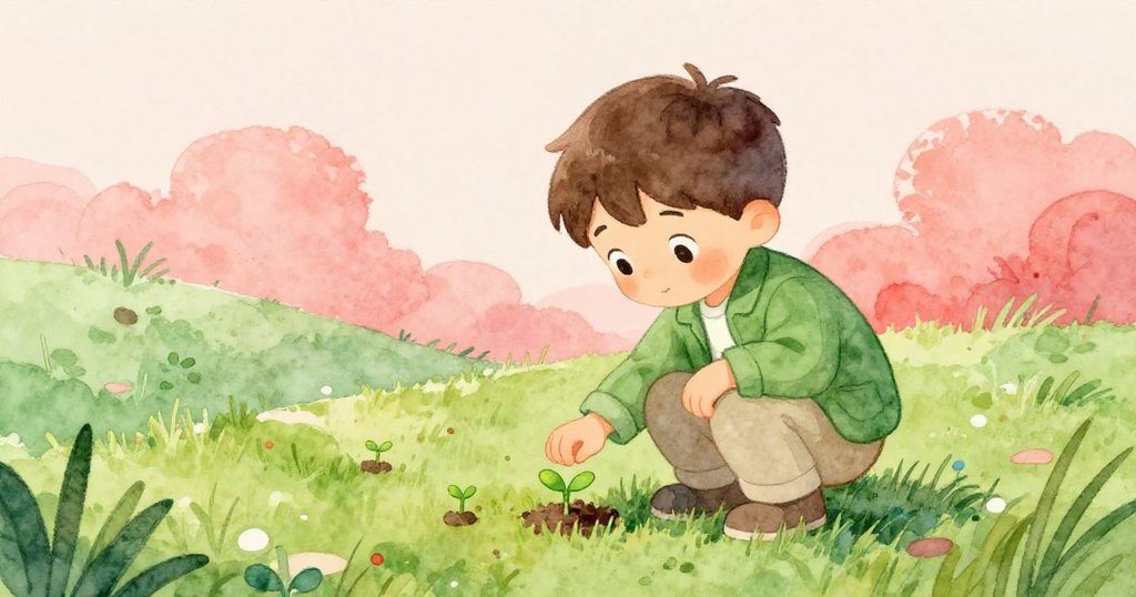 克萊德俯身觀察嫩綠新芽,春意盎然的山坡映出希望光芒,臉上流露出溫柔好奇與愉悅。