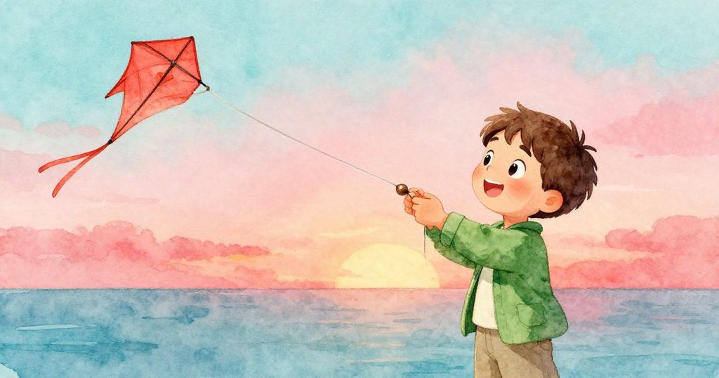 克萊德含笑將銅色珠子扣於風箏線上,望著紅風箏高飛,夕陽映照下與困難告別,心中滿懷成就。