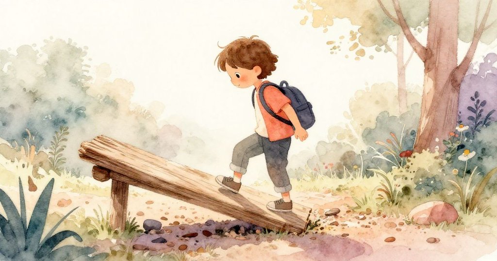 奎因從舊木板上踏下,走向覆滿樹皮碎片的戶外小徑,臉上帶著平靜與期待,環境充滿自然柔和光線。