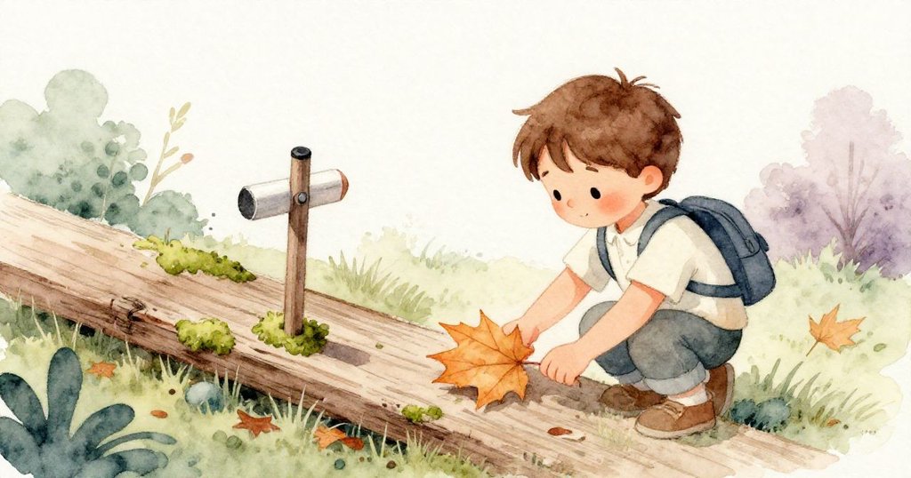 奎因專注細心地從覆滿青苔的木板上取下楓葉,動作溫柔而充滿好奇,背景展示自然細節與柔和光線。