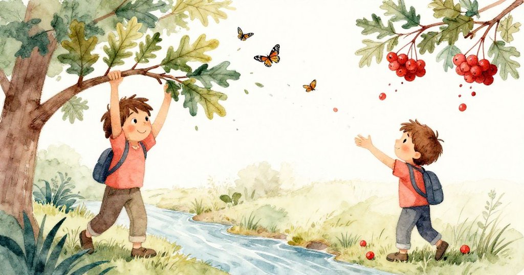 奎因用傳統按壓器敲打橡樹枝,激起樹葉和飛舞的蛾子,旁邊紅莓從樹上滾落,畫面動靜結合,充滿活力。