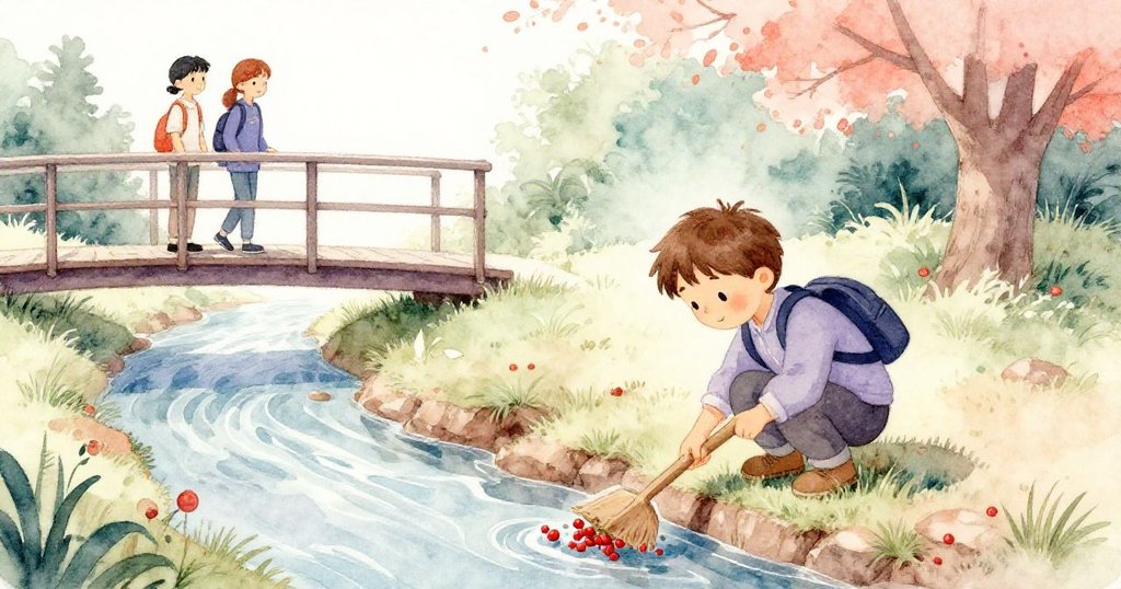 奎因蹲下小心收集滾落的紅莓,遠處橋欄上的志工和路過的訪客靜靜注視,畫面兼具溫柔與細膩情感。