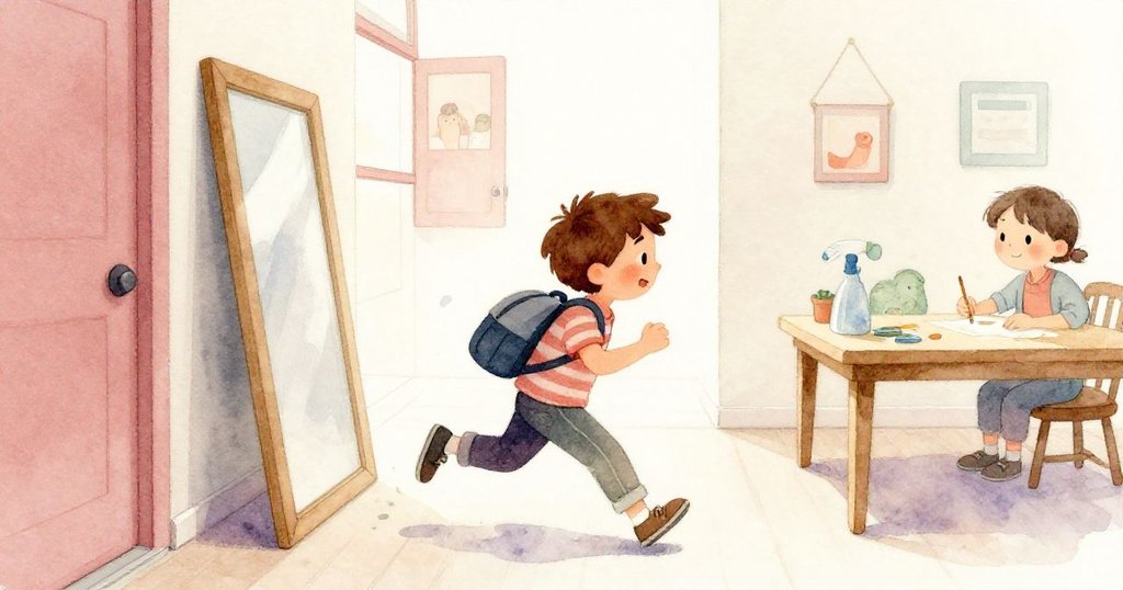 奎因急促穿過走廊,手持按壓器和背包,臉上充滿決心與焦急,背景有淡淡清潔劑氣息和溫馨工藝室。