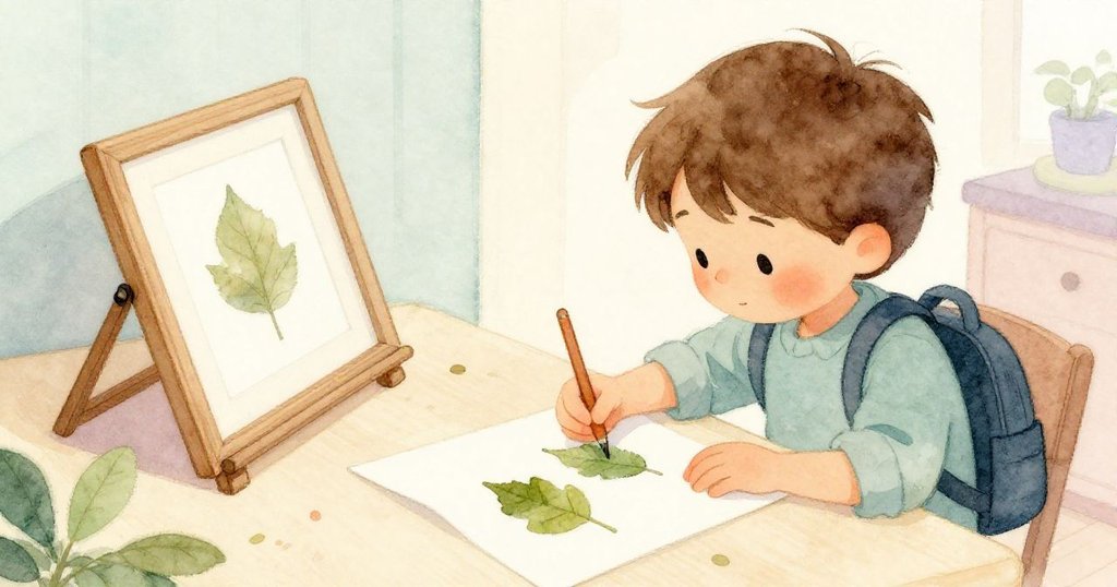 奎因專注在工藝桌前,精心排列並按壓採集的葉子,溫暖光線映襯下展現出他創作的滿足與安詳。