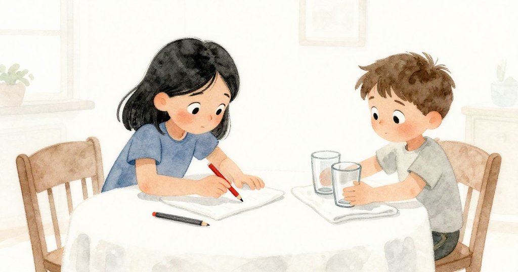 Xena推動彩色鉛筆，Oscar謹慎排列玻璃杯，桌上毛巾映出自然光影，營造溫馨家庭氛圍。