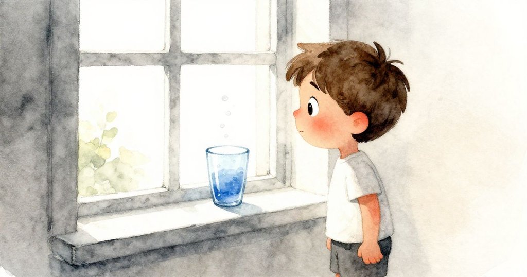 Oscar凝視靠窗藍色玻璃杯，陽光灑落激起細小氣泡，神情充滿驚奇與期待。