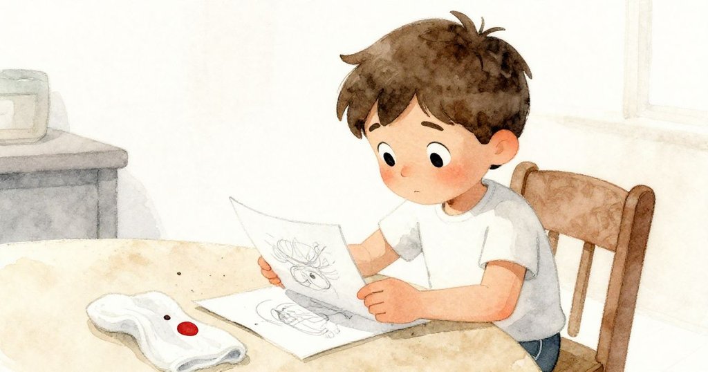 Oscar停下審視筆記本草圖，輕觸桌上毛巾上滴落的染痕，神情既專注又思索。