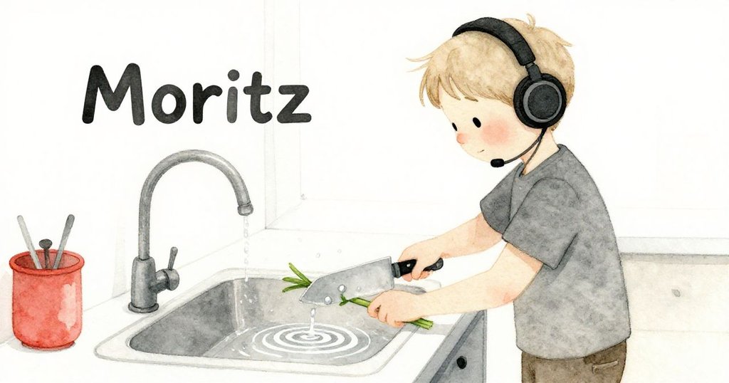 Moritz在洗槽邊戴著耳機切綠莖，水珠落下在不銹鋼盆上激起微波，呈現開放結局。