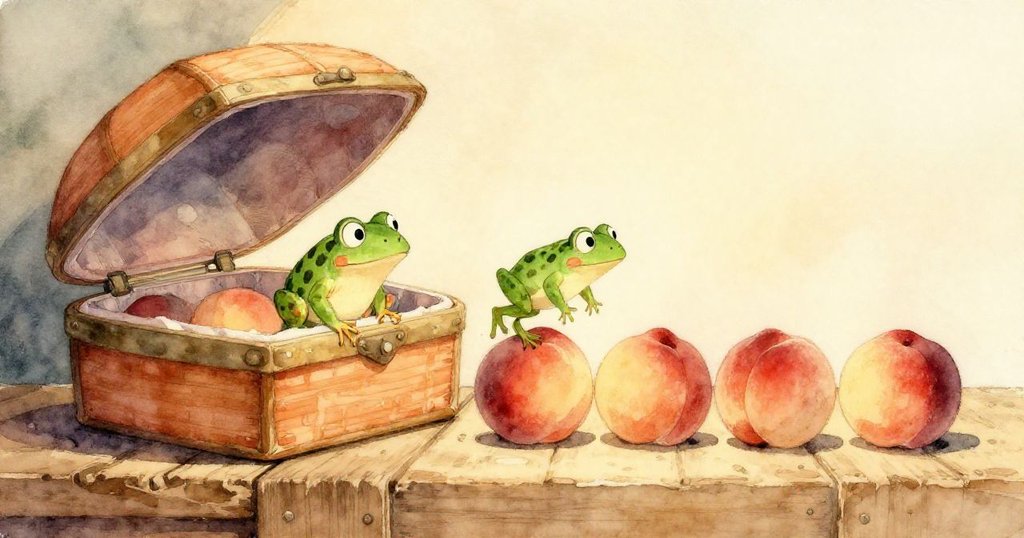 Basil 的雙手細膩扶持著滑亮的青蛙，海藻依附在趾間，背景隱約顯現出桃子的柔軟紋理，充滿溫柔觸感。