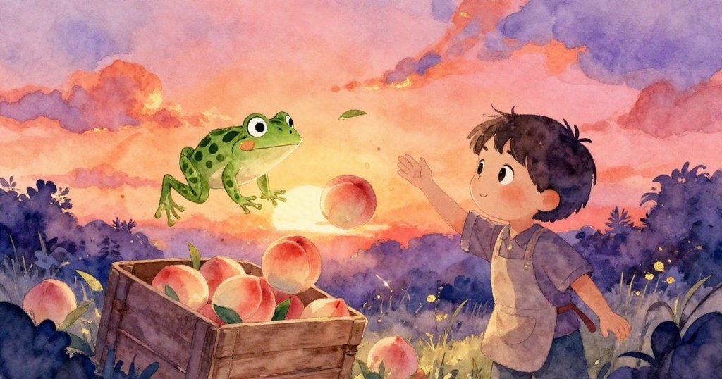 以扭曲視角呈現青蛙跳動引發桃子亂飛的瞬間，Basil 在混亂中注視著眾多移動的果實，充滿夢幻般的活力與色彩漩渦。