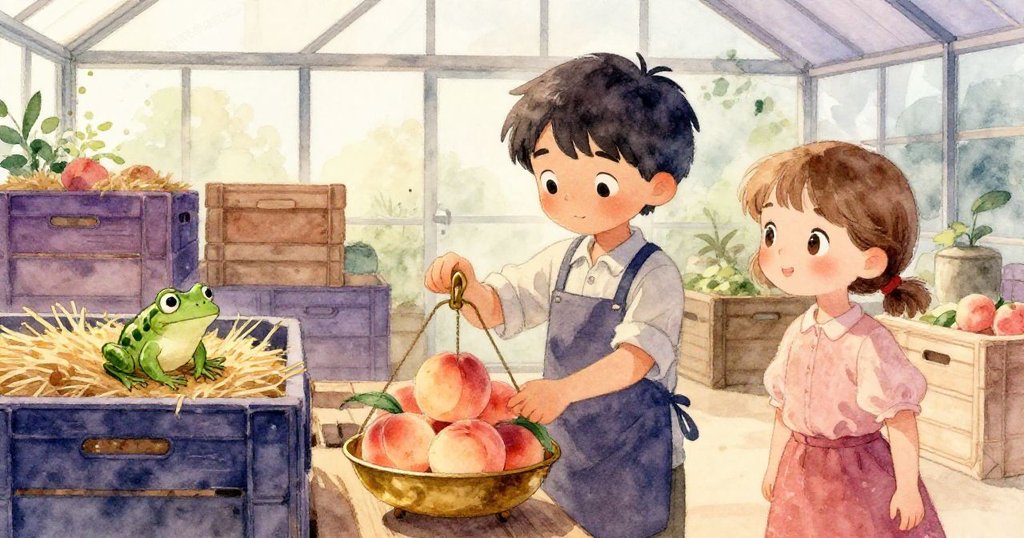 Willa 在溫室中的秤台前仔細調整桃子，Basil 注視著整齊堆放的木箱與稻草床，兩人皆帶著專注而平靜的神情。