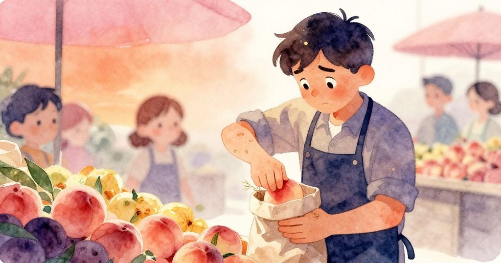 Basil 專注地填裝桃子，紙袋旁稻草劃過手腕，他的表情顯露出微妙困頓與堅持，環境中散佈著秤台與果實。