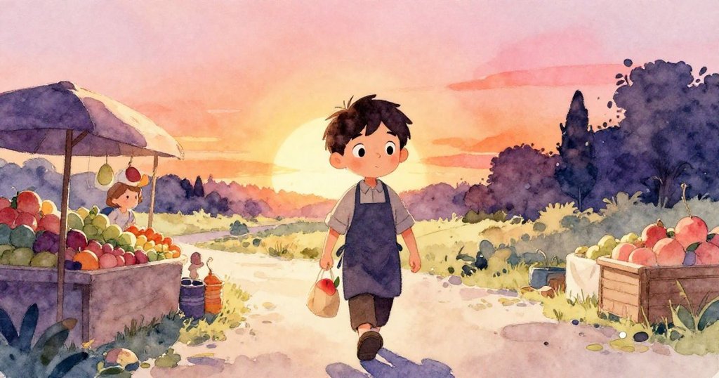 Basil 提著裝有意外獲得桃子的紙袋，邁步走向開闊前方，臉上流露決心與平靜，迎接全新地平線的希望與自然美景。