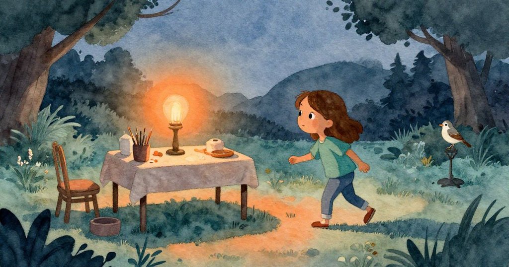 娜迪婭在黃昏柔和燈光中走向擺滿工藝材料的桌子,旁邊麻雀靜立,畫面呈現期待與溫暖情境。