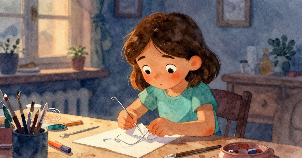 娜迪婭專注地拿起銀色金屬線,仔細檢查翠綠紙巾與桌上工藝品,畫面展現創造過程與細膩情感。