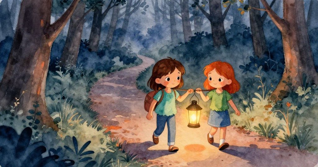 娜迪婭與烏瑪攜帶發光燈籠走在彎曲小徑上,森林中藍灰與橙色交織映照著時間流逝與奇幻氛圍。