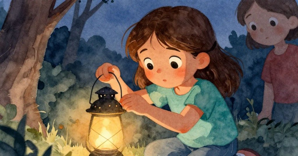 娜迪婭緊張地把玩燈籠零件,臉上流露專注與憂慮,背後微風搖曳樹影,情境凝固於瞬間。