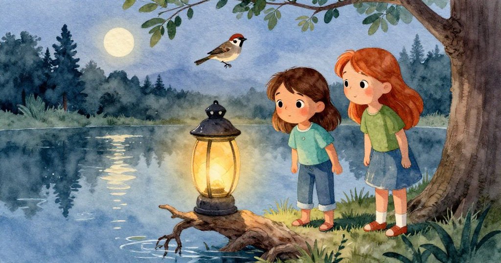娜迪婭與烏瑪遠處確保燈籠穩固,燈籠置於樺木根旁倒映於靜謐池水中,麻雀安坐枝上,結局溫柔寧靜。