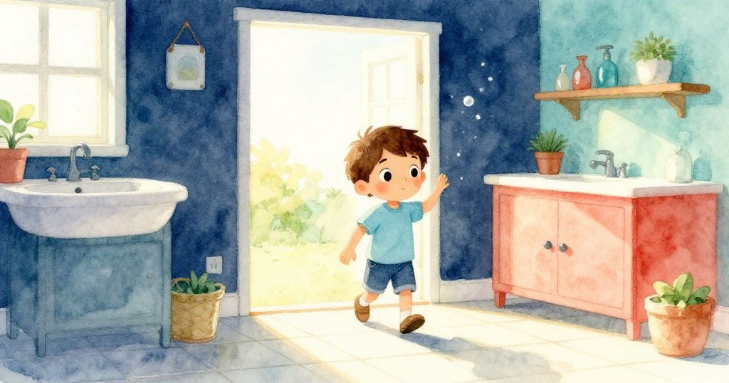 Troy 穿著藍色上衣和牛仔褲走進明亮的家庭清潔空間，手持清潔工具，表情堅定，晨光灑落在瓷磚牆面上。