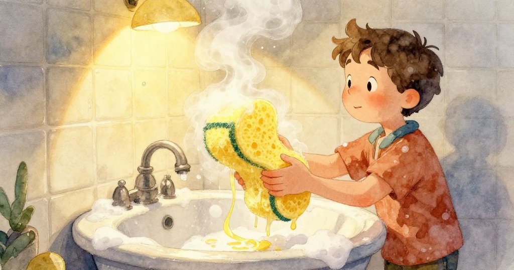 Troy 的藍色鞋子輕步踏在濕潤瓷磚上，留下泡沫痕跡，清潔過程中充滿活力和細膩動感。