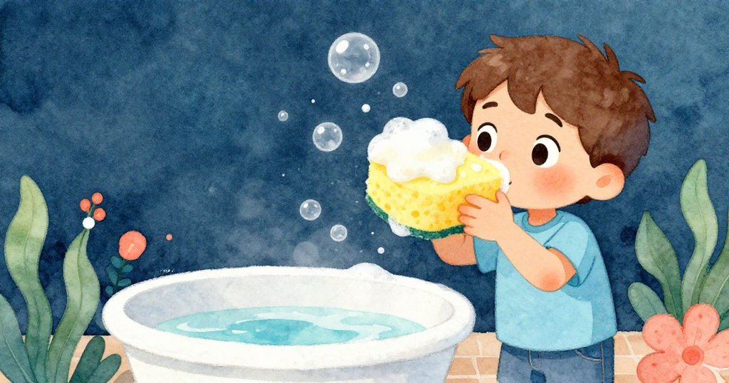 Troy 從背後觀察，舉起黃色海綿檢查隱藏光澤，泡沫環繞中表情充滿驚奇與好奇。