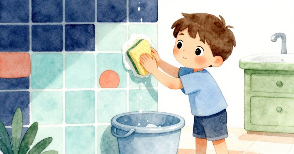 Troy 在另一清潔區用小海綿刷洗瓷磚牆面，背景有洗滌桶，他專注仔細地打圈清理，神情堅定。