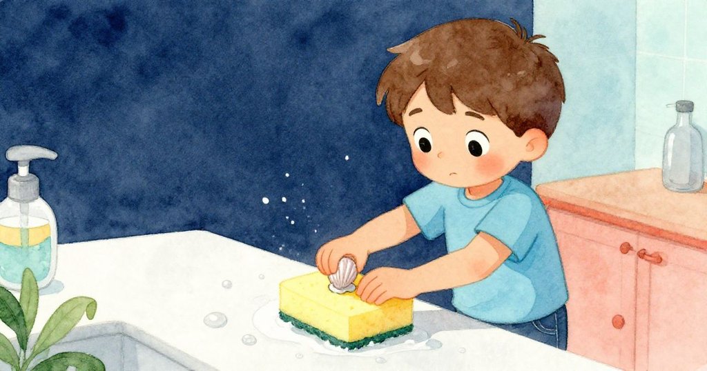 Troy 小心翼翼地從海綿中撬出塑膠扣，台面上水滴和泡沫痕跡明顯，他的手法充滿溫柔與好奇。