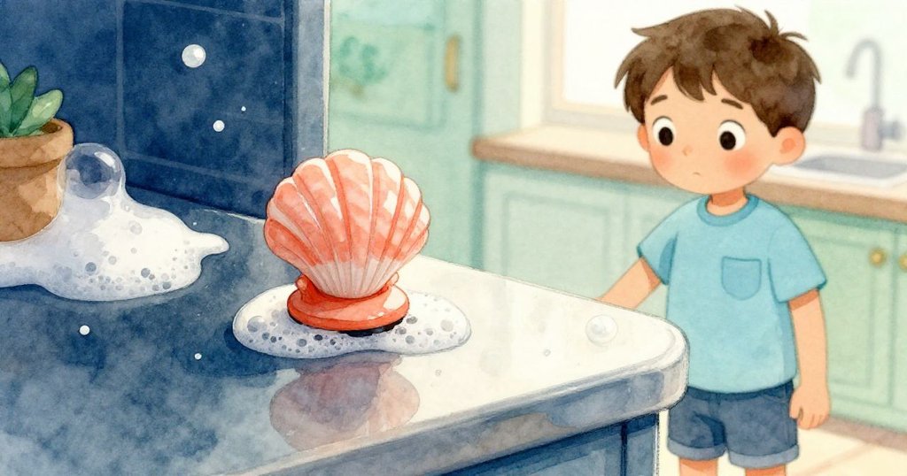 Troy 將神秘塑膠扣收入口袋，工作檯上殘留泡沫與空盆見證結束，神情沉思而溫柔回味。