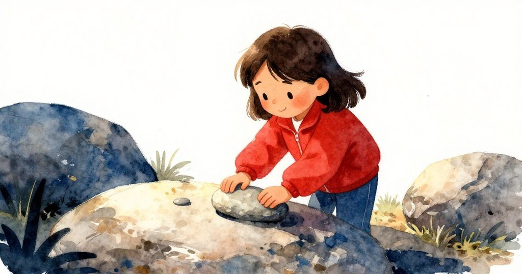 阿爾瑪在大石堆上細心打磨石塊，陽光柔和照耀，臉上洋溢著充滿希望與專注的神情，環境寬廣自然。