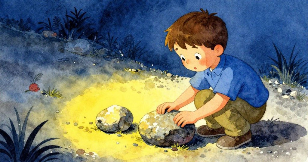 羅南在碎石邊仔細挑選兩塊石頭，神情專注而略帶緊張，背景流露出歷史痕跡與自然風光。